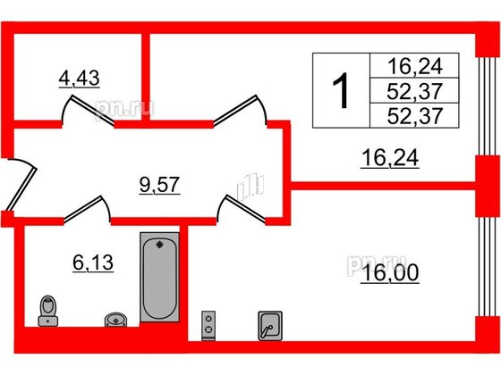 Апартаменты в ЖК VALO, 1 комнатные, 52.37 м², 4 этаж