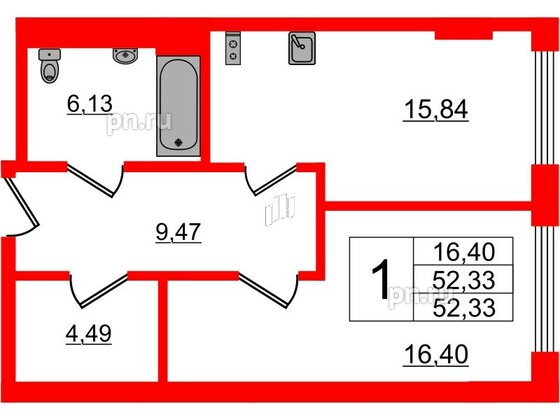 Апартаменты в ЖК VALO, 1 комнатные, 52.33 м², 3 этаж