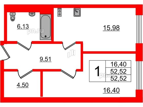 Апартаменты в ЖК VALO, 1 комнатные, 52.52 м², 4 этаж