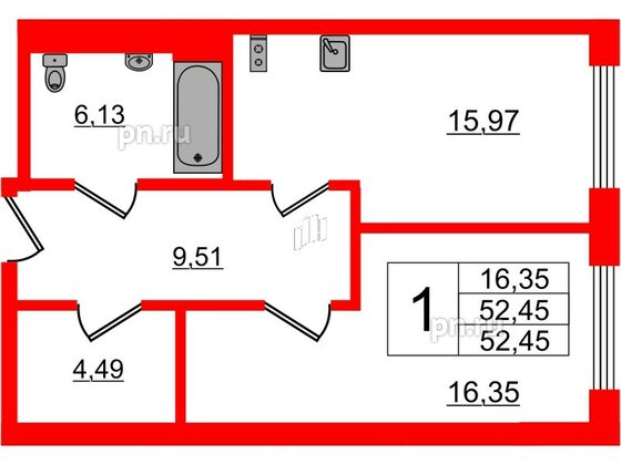 Апартаменты в ЖК VALO, 1 комнатные, 52.45 м², 6 этаж