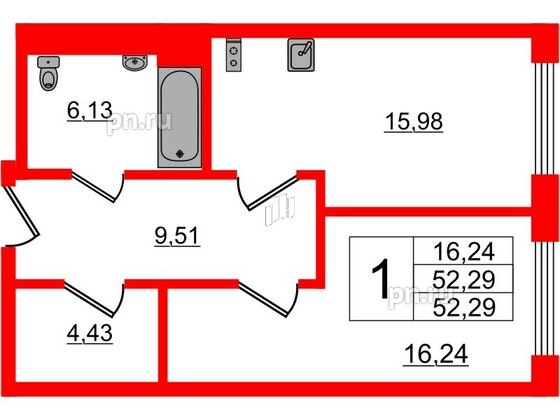 Апартаменты в ЖК VALO, 1 комнатные, 52.29 м², 8 этаж