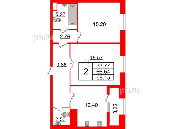 Квартира в ЖК Neva Haus, 2 комнатная, 67.9 м², 8 этаж