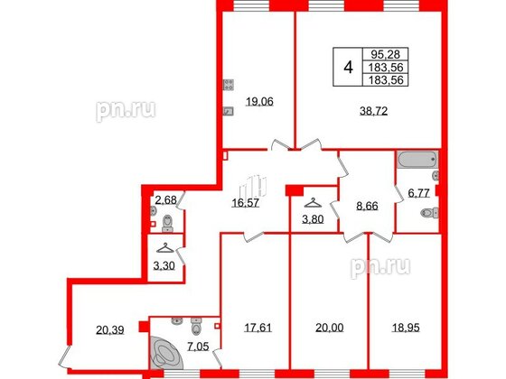 Квартира в ЖК Neva Haus, 4 комнатная, 183.7 м², 1 этаж