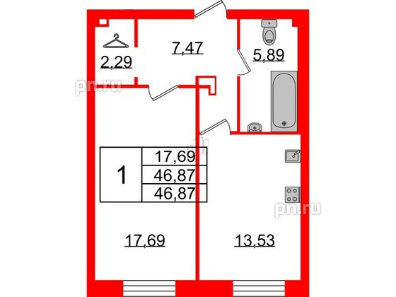 Квартира в ЖК Neva Haus, 1 комнатная, 46.4 м², 1 этаж