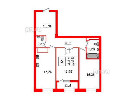 Квартира в ЖК Neva Haus, 2 комнатная, 79.5 м², 9 этаж