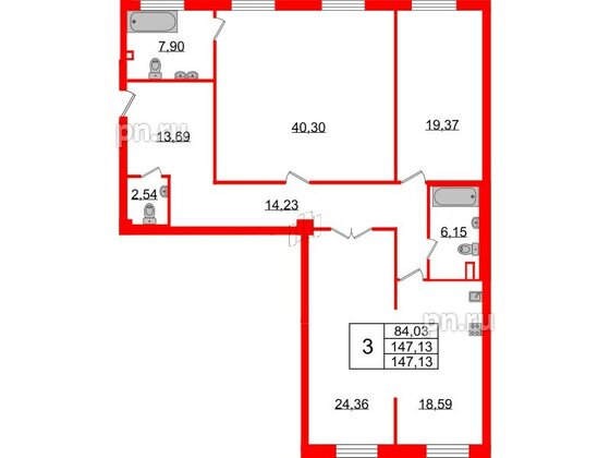 Квартира в ЖК Neva Haus, 3 комнатная, 147.2 м², 3 этаж