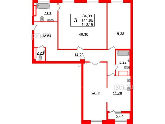 Квартира в ЖК Neva Haus, 3 комнатная, 142.9 м², 9 этаж