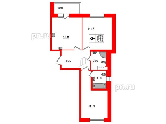 Квартира в ЖК «Северный», 2 комнатная, 60.89 м², 15 этаж