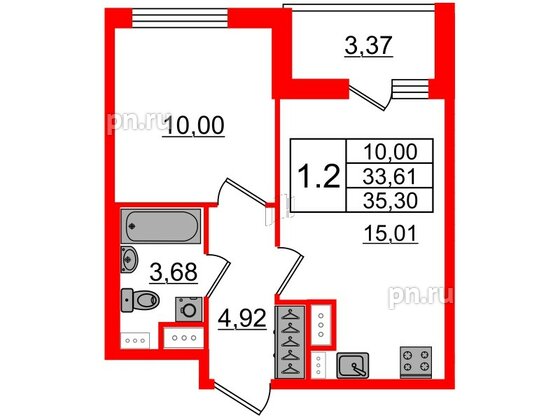 Квартира в ЖК Панорама парк Сосновка, 1 комнатная, 33.61 м², 6 этаж