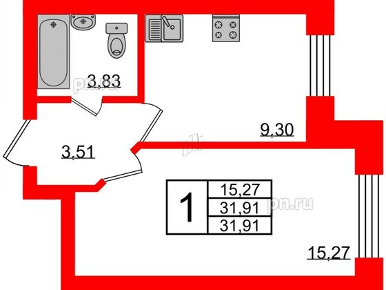 Квартира в ЖК 'Приневский', 1 комнатная, 32.1 м², 1 этаж