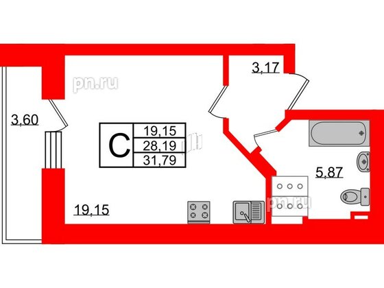 Квартира в ЖК 'Приневский', студия, 29 м², 23 этаж