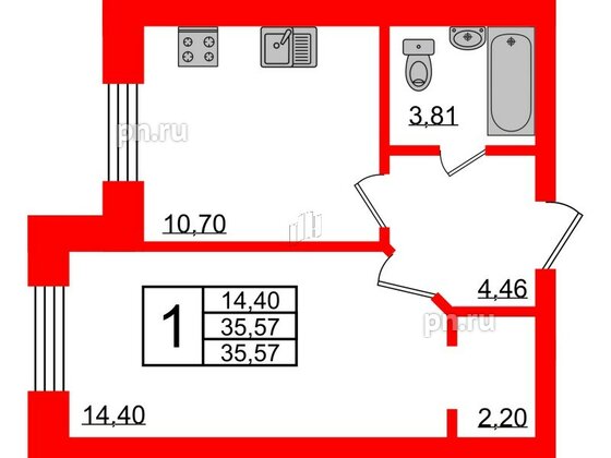 Квартира в ЖК 'Приневский', 1 комнатная, 35.9 м², 1 этаж