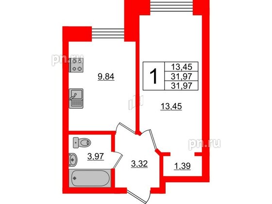 Квартира в ЖК 'Приневский', 1 комнатная, 32.2 м², 1 этаж