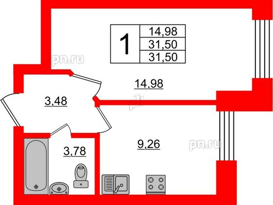 Квартира в ЖК 'Приневский', 1 комнатная, 31.5 м², 1 этаж