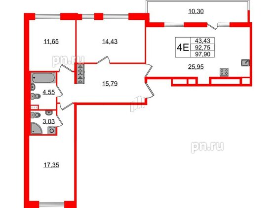 Квартира в ЖК Панорама парк Сосновка, 3 комнатная, 91.2 м², 2 этаж