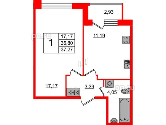 Квартира в ЖК FoRest Akvilon, 1 комнатная, 37 м², 1 этаж