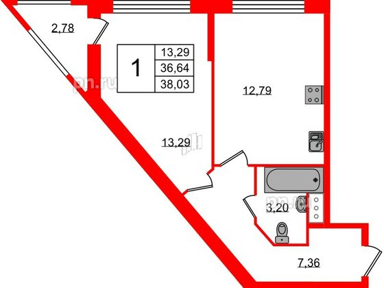 Квартира в ЖК FoRest Akvilon, 1 комнатная, 36.2 м², 13 этаж