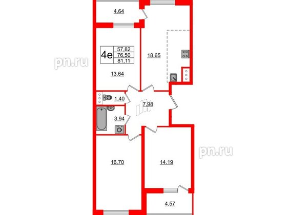 Квартира в ЖК 'Морская набережная', 3 комнатная, 80 м², 15 этаж