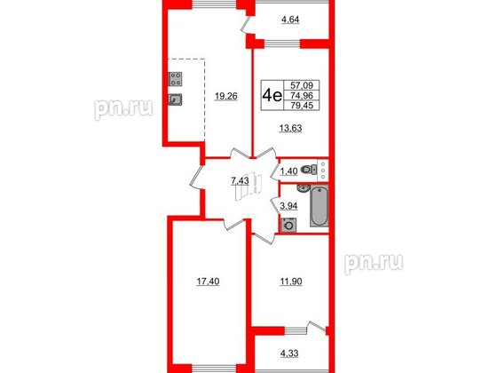 Квартира в ЖК 'Морская набережная', 3 комнатная, 78.8 м², 15 этаж