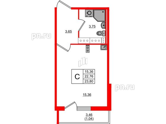 Квартира в ЖК Лампо, студия, 22.8 м², 15 этаж