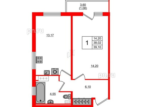 Квартира в ЖК Лампо, 1 комнатная, 38 м², 2 этаж