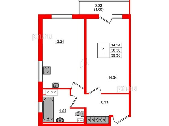 Квартира в ЖК Лампо, 1 комнатная, 38.3 м², 3 этаж