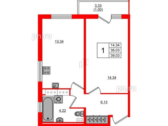 Квартира в ЖК Лампо, 1 комнатная, 38 м², 11 этаж