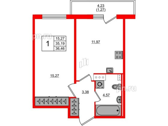 Квартира в ЖК Лампо, 1 комнатная, 35.4 м², 8 этаж