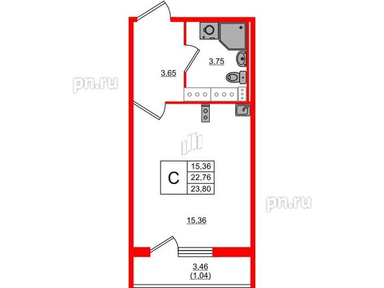 Квартира в ЖК Лампо, студия, 22.8 м², 13 этаж