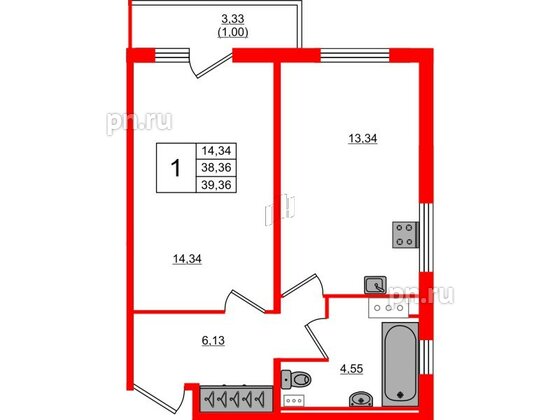 Квартира в ЖК Лампо, 1 комнатная, 38.4 м², 6 этаж