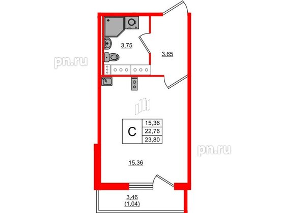 Квартира в ЖК Лампо, студия, 22.8 м², 15 этаж