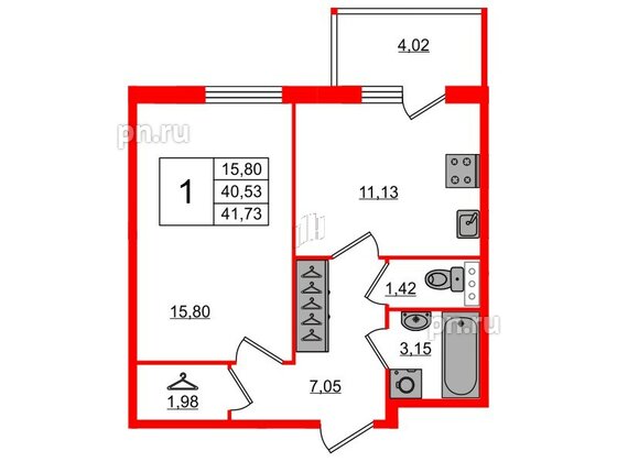 Квартира в ЖК «Юттери», 1 комнатная, 41.1 м², 1 этаж