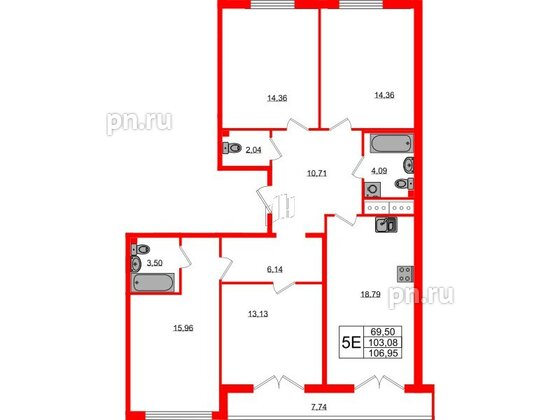 Квартира в ЖК Морская набережная.SeaView, 4 комнатная, 106.6 м², 14 этаж