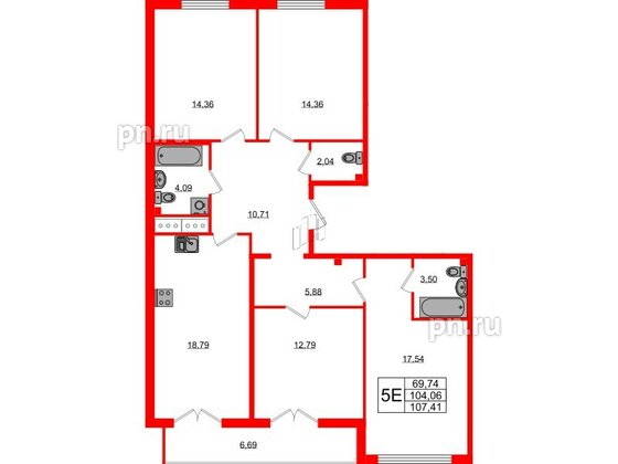 Квартира в ЖК Морская набережная.SeaView, 4 комнатная, 107.4 м², 14 этаж