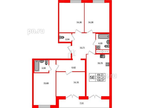 Квартира в ЖК Морская набережная.SeaView, 4 комнатная, 107.9 м², 14 этаж