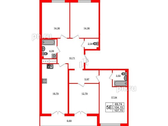 Квартира в ЖК Морская набережная.SeaView, 4 комнатная, 107.7 м², 14 этаж