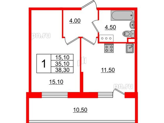 Квартира в ЖК Квартал Che, 1 комнатная, 38.3 м², 4 этаж