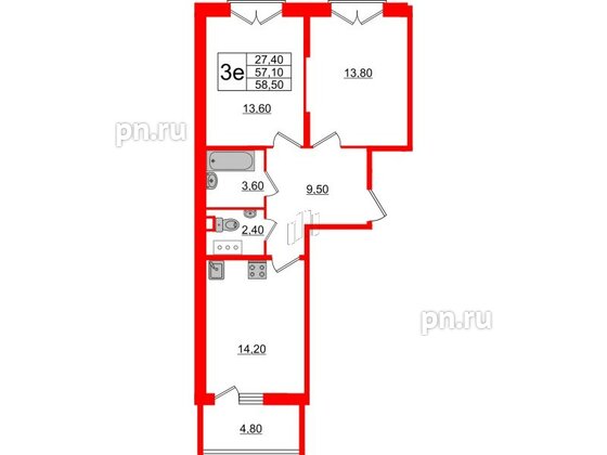 Квартира в ЖК Квартал Che, 2 комнатная, 58.9 м², 6 этаж