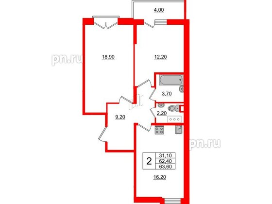 Квартира в ЖК Квартал Che, 2 комнатная, 64 м², 7 этаж