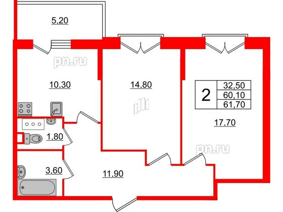 Квартира в ЖК Квартал Che, 2 комнатная, 62.1 м², 7 этаж