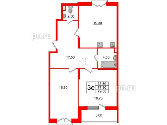 Квартира в ЖК Квартал Che, 2 комнатная, 80.5 м², 4 этаж