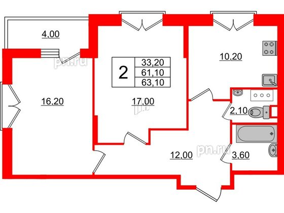 Квартира в ЖК Квартал Che, 2 комнатная, 63.1 м², 6 этаж