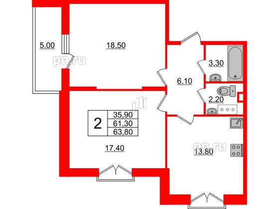 Квартира в ЖК Квартал Che, 2 комнатная, 64.3 м², 7 этаж