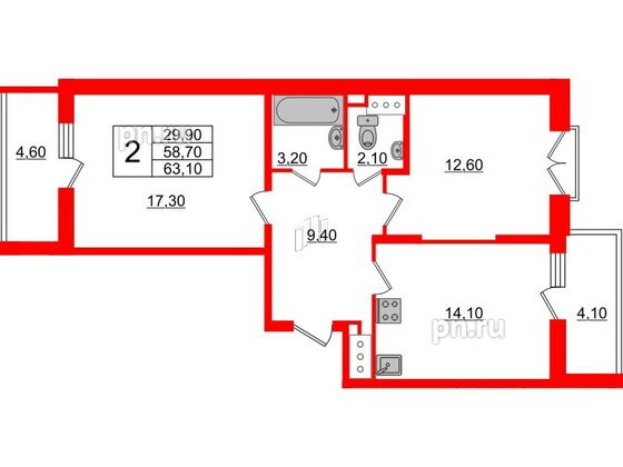 Квартира в ЖК Квартал Che, 2 комнатная, 63.6 м², 6 этаж