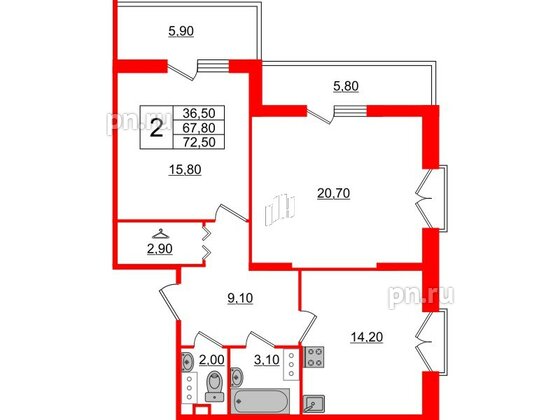 Квартира в ЖК Квартал Che, 2 комнатная, 72.7 м², 4 этаж