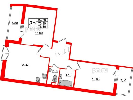 Квартира в ЖК Квартал Che, 2 комнатная, 78.8 м², 2 этаж