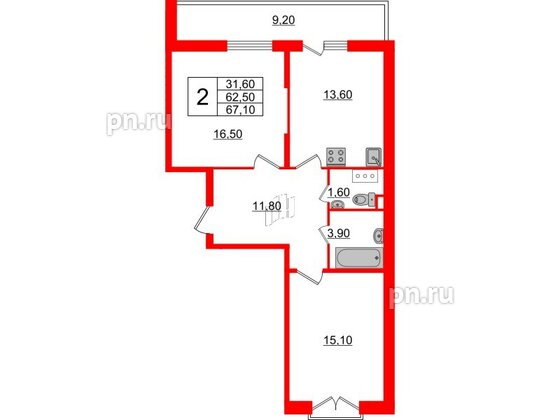 Квартира в ЖК Квартал Che, 2 комнатная, 68 м², 8 этаж