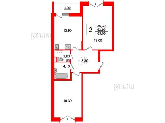 Квартира в ЖК Квартал Che, 2 комнатная, 66.9 м², 7 этаж