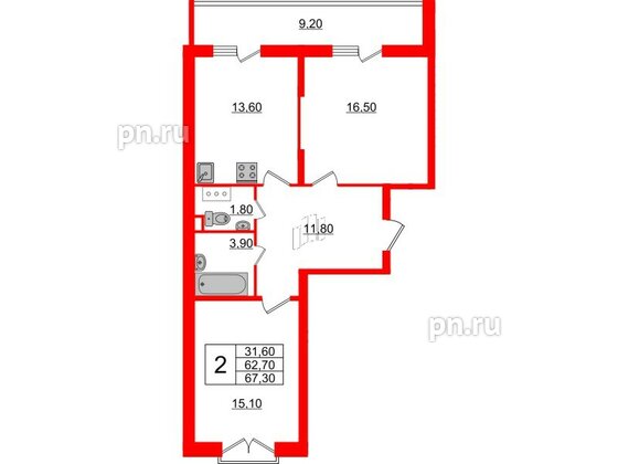 Квартира в ЖК Квартал Che, 2 комнатная, 68.1 м², 7 этаж