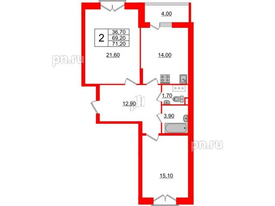 Квартира в ЖК Квартал Che, 2 комнатная, 71.8 м², 4 этаж